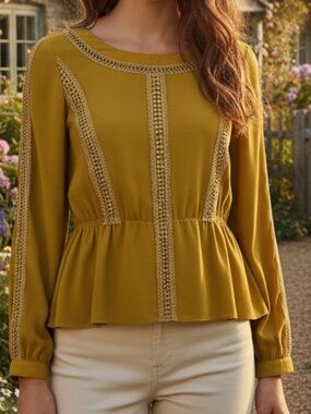 Esley Boho Mustard Yellow Lace Detail Peplum Blouse Long Sleeve Top in Small